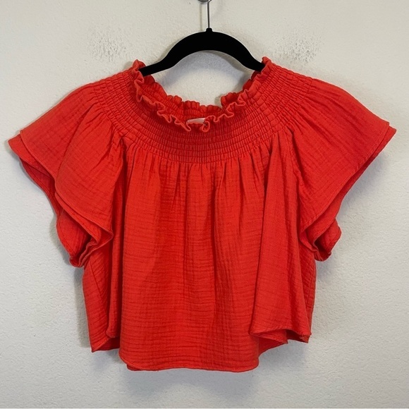 Apiece Apart Orange Off The Shoulder‎ Gauzy Smocked Crop Blouse Size 4 - Picture 1 of 8